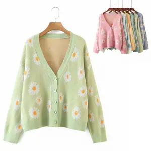 Maglione cardigan daisy cardigan con scollo a v floreale da donna in maglia jacquard con motivo logo personalizzato