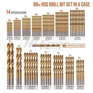 ชุดดอกสว่านเหล็ก 99 ชิ้น แบบก้านตรง HSS เคลือบทอง ขนาด 1.0-10.0 มม. พร้อมหัวจับสปริงคอลเล็ต สำหรับเจาะโลหะ - Product Image 5