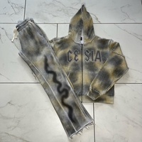 Ensemble de survêtement deux pièces OEM assorti, sweat à capuche zippé et pantalon de survêtement, délavé à l'acide, effet soleil, avec cordon de serrage clouté