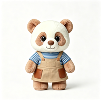 Peluche Panda Marron Vintage Personnalisée Adorable avec Chemise à Carreaux Bleus et Rayures Kaki, Jouet en Peluche Panda Doux et Moelleux