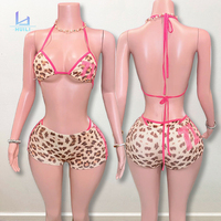 Badmode Fabrikant Custom Badpakken Vrouwen Tweedelige Veters Strandkleding Print Ontwerp Halter Driehoek Luipaard Bikini Shorts Set