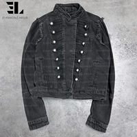 Veste Bomber en Jean Délavé Style Napoléon LARSUR, Coupe Slim, Col Montant, pour Moto, Veste Hussar en Jean Court