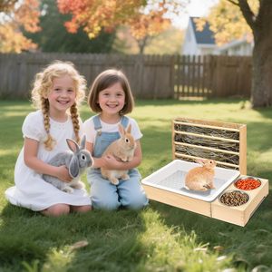 Mangeoire à foin en bois pour lapins avec plateaux à nourriture pour petits animaux, station d'alimentation multifonctionnelle - Product Image 4
