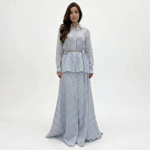 Conjunto de 2 Piezas para Mujer, <span class=keywords><strong>Camisa</strong></span> con Botones <span class=keywords><strong>y</strong></span> <span class=keywords><strong>Falda</strong></span> Maxi a Rayas Azules <span class=keywords><strong>y</strong></span> Blancas, Ropa Casual Elegante de Verano para Vacaciones - Product Image 4