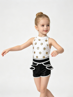 Kostum Tari Jazz Polka Dot Emas Anak-anak Tanpa Lengan Halter Payet Leotard Atasan Hitam Celana Pendek Ruffle Pertunjukan Kompetisi Anak Perempuan