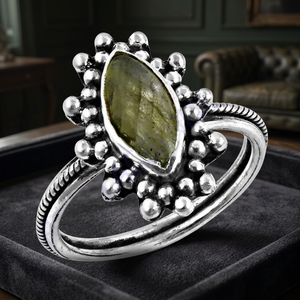 Art Palace Women's 925 Silver Plated <b>Labradorite</b> Gemstone <b>Ring</b> Bohemian Flower Design Marquise Cut Bezel Setting Daily Wear - Product Image 1