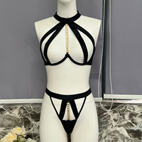 Ensemble de lingerie sexy en maille avec bretelles de soutien-gorge et culotte à lanières, style cage cup, séduisant et érotique