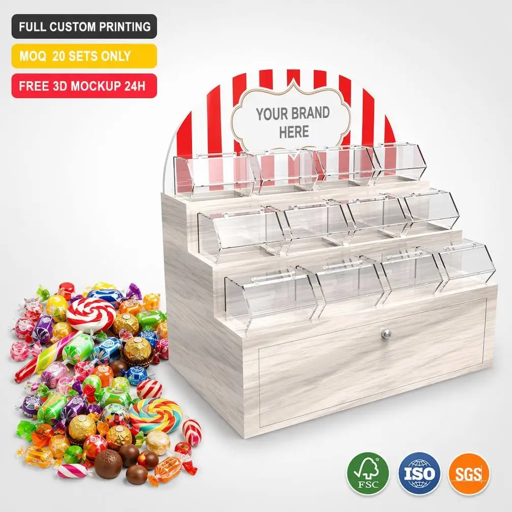 Wooden 3-Tier Candy Display Stand 12 Acrylic Hinged Bins Rustic Countertop Confectionery Organizer for Bakery Candy Shop — view 1