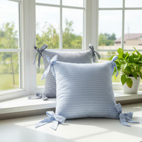 Housse de coussin carrée en coton teint en fil rayé style coréen avec nœuds aux quatre coins, décoration de canapé douce et élégante
