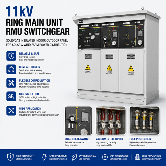 11kV Ring Main Unit RMU Switchgear Solid/Gas Insulated Indoor Outdoor Panel for Solar & Wind Farm Power Distribution