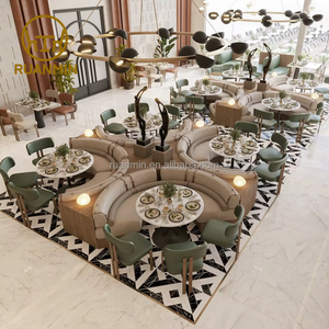 Ensemble de mobilier de restaurant de luxe personnalisé, nouveau mobilier en bois pour grands banquets d'hôtel, canapés et chaises <span class=keywords><strong>avec</strong></span> coussins en cuir, <span class=keywords><strong>table</strong></span> <span class=keywords><strong>basse</strong></span> - Product Image 4
