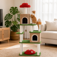 Rumah Kucing Indoor Mushroom Cat Tree, Tiang Garuk Kucing Berbahan Sisal, 4 Tingkat, Dilengkapi Mainan