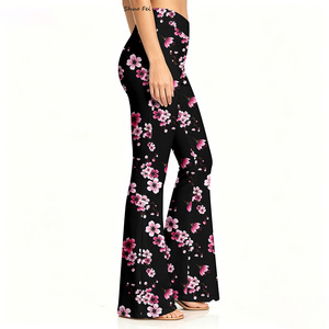High Waisted Cherry Blossom Digital Print Flare Leggings <strong>Women</strong> Sakura Floral Graphic Bell Bottom Pants Summer Yoga <strong>Trousers</strong> - Product Image 2