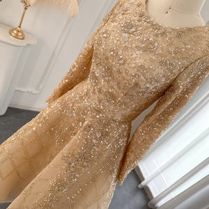 Vestido de Fiesta LSCZ81 con Cuello Redondo, Manga Larga, Línea A, Organza, Pliegues, Lentejuelas, Patrón 3D, Largo hasta la Rodilla, Cintura Natural, para Mujer - Product Image 1