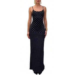 Women's <b>Spaghetti</b> <b>Strap</b> Polka Dot Maxi Dress Dot Print Bodycon Gown With Back Slit for Casual & Party Wear Dresses Fashion - Product Image 3