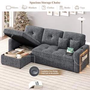 Canapé sectionnel LED en chenille avec lit gigogne convertible en forme de L, rangement, chaise longue, dossier réglable, USB - Product Image 5