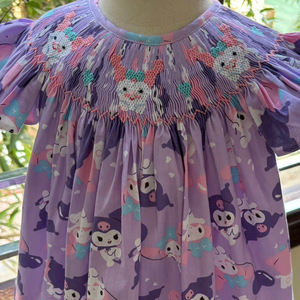 Vestido de Algodón para Niñas con Estampado de Conejo Morado, Estilo Boutique, Bordado a Mano, Mangas con Volantes - Product Image 6