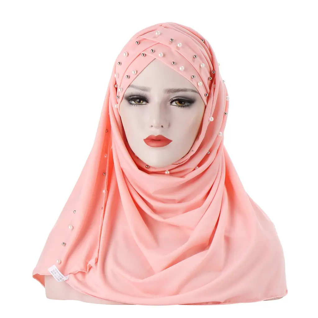 Custom Soft Hijab Scarf with Pearls Beads for Women Indonesian Arab Muslim Glitter Summer Sun Protective Malaysian Head Wrap