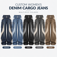 Jean cargo en denim color block personnalisé pour femme, taille haute, jambe large, patchwork, coupe évasée, double boutonnage, pour le streetwear