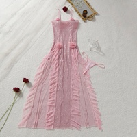 Nouvelle Robe de Nuit Longue INS Rose à Fleurs 3D et Paillettes, Bretelles Fines, Volants, Transparente, Sexy, Lingerie Féminine