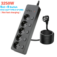 PUJIMAX UE Standard multiprise interrupteur indépendant contrôle prise d'extension intelligente 3.1A USB Type C chargeur EU prises prises domestiques