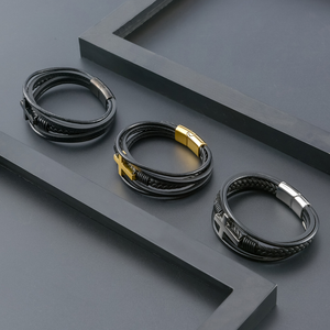 थोक लड़कों फैशन गहने विंटेज बहु परत काले लट पार कफ चमड़े के कंगन पुरुषों - Product Image 3