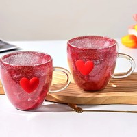 Taza de Vidrio Romántica de Doble Pared con Adorno de Corazón 3D, Resistente al Calor, para Regalo de San Valentín, para Parejas, para Café en Casa