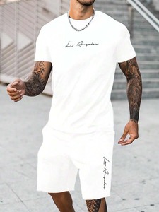 Conjunto de Camiseta y Pantalones Cortos de Algodón Blanco, Cuello Redondo, Manga Corta, Color Sólido, Unisex, Ropa de Verano - Product Image 4