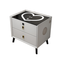 Table de Chevet Intelligente Moderne de Luxe en Bois avec Recharge Sans Fil LED, Meuble de Rangement Flottant en Cuir avec Tiroirs pour Chambre à Coucher