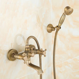 Robinet antique européen en laiton massif à 3 poignées, mitigeur mural brossé avec <span class=keywords><strong>douchette</strong></span> à effet pluie/ cascade/jet pour appartement/<span class=keywords><strong>WC</strong></span> - Product Image 3