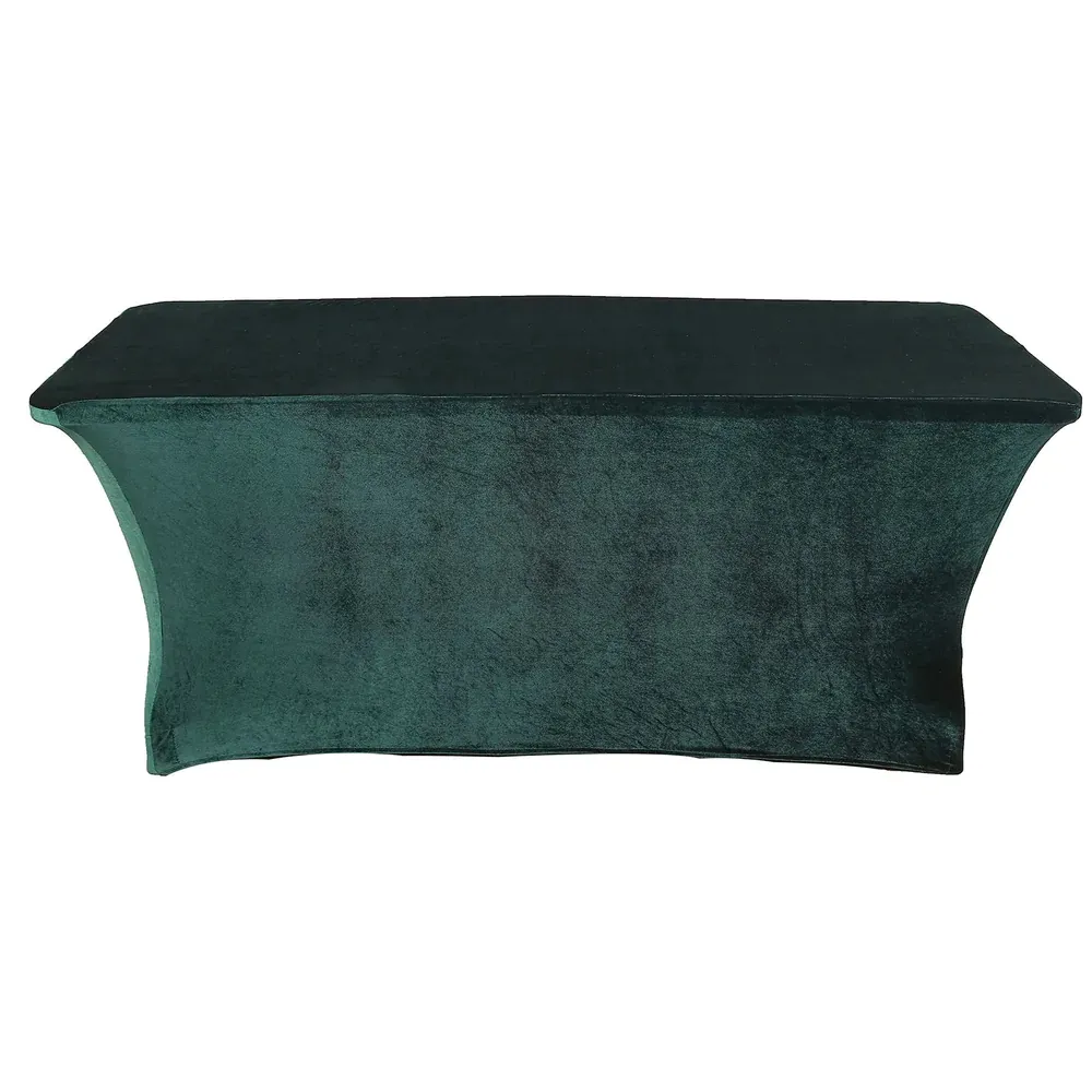 Stretchable 6 ft rectangular velvet spandex fabric hunter emerald green tablecloth fitted table cloth