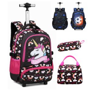 En stock : Ensemble de sacs à dos à roulettes pour enfants avec chariot en aluminium, 3 pièces, motif licorne, pour filles - Product Image 1