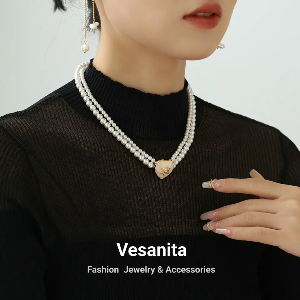 Vesanita lujo Retro Vintage estilo esmalte corazón colgante encanto doble capa blanco Peal cuentas gargantilla collar mujeres