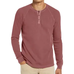 Özelleştirmek rahat uzun kollu henley gömlek erkekler Waffle kumaş düz Henley yaka t shirt 3 düğme ile