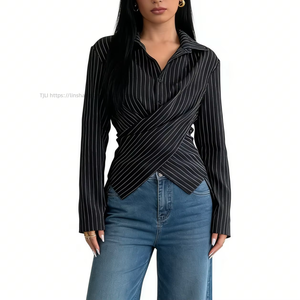 Women's Striped Wrap Front Blouse Long Sleeve Collared Shirt With Back Tie Detail Casual Office <b>Top</b> Fashion - Product Image 4