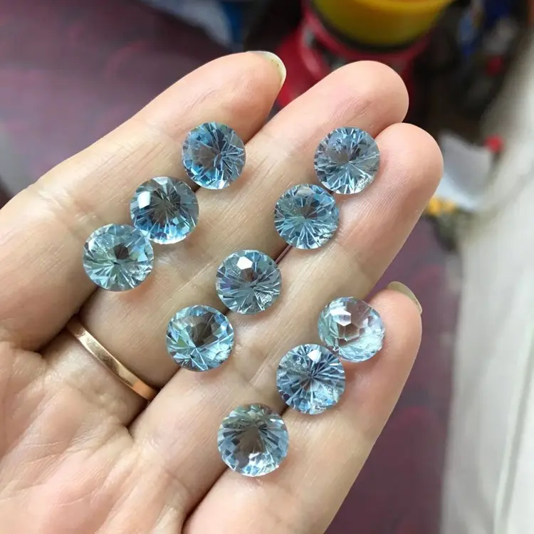 Natural blue topaz crystal 10mm firework cut Aquamarine quartz round