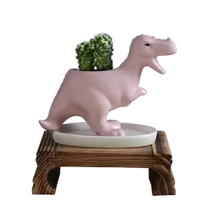3D可爱的陶瓷恐龙形状的多肉植物花盆，带排水托盘，仙人掌/花卉容器，动物盆景支架