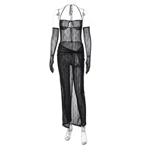 Lygens Bodysuit Jala Halter Tembus Pandang 9948 Rok Panjang Solid Gaun Wanita 2022 Busana Pesta Klub Pakaian Amerika