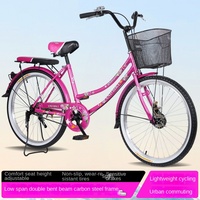 Vélo tout-terrain 26 pouces avec cadre en acier haute teneur en carbone, pneus antidérapants, système de freinage double, selle confortable, panier, 6 vitesses, pédales à plateforme