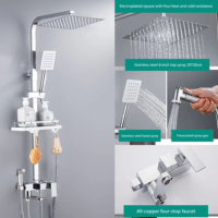 Mitigeur de douche mural en laiton style classique avec barre coulissante, pommeau carré effet pluie, jet doux, eau chaude et froide, finition céramique brossée
