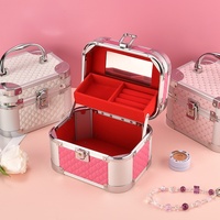 Boîte de rangement portable pour cosmétiques et bijoux en alliage d'aluminium à paillettes, très élégante, sac de voyage pour maquillage, mini rouge rose
