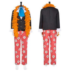 One Piece Brook Cosplay Costume Adult Men Halloween Party Outfit Pants Vest <b>Top</b> Orange <b>Feather</b> Scarf Cross-Border Source - Product Image 1