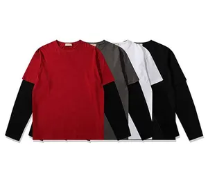 Customized Blank Logo Double Layer Sleeve T Shirt Unisex Couple Cotton T Shirt Oversized Casual Men's T Shirt