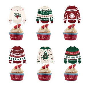Décorations de cupcakes sur le thème des pulls de Noël moches, avec des arbres festifs, des flocons de neige et des motifs Joyeux Noël pour les fournitures de fête - Product Image 1
