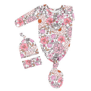 Robe de nuit nouée à imprimé floral pour nouveau-né, avec poignets mitaines et bandeau-chapeau, douce, pour 0-6 mois, tenue de sortie de maternité - Product Image 1