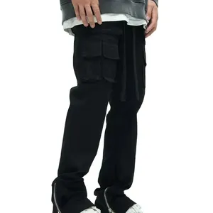 OEM最新独特设计多口袋纯棉斜纹裤男士街头穿侧拉链开缝喇叭口袖口宽腿工装裤