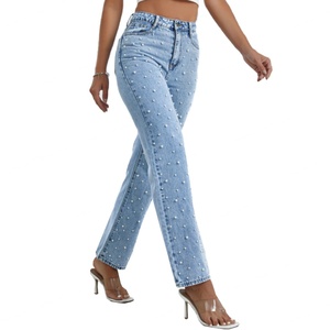 Jeans en denim personnalisés pour femmes, coupe droite, taille haute, extensibles, évasés, style bootcut, avec perles, vente en gros - Product Image 5