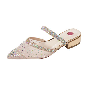 <strong>Champagne</strong> Luxury Block <strong>Heels</strong> Women's Mesh Pumps Size 31-43 3CM Low Pointy Toe Slip-On Anti-Slippery Disposable EVA Summer - Product Image 2