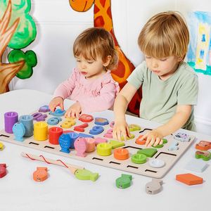 Juguete de apilamiento preescolar, bloques de números y formas, juego de pesca de madera Montessori 5 en 1, clasificador de formas, juego de conteo - Product Image 1