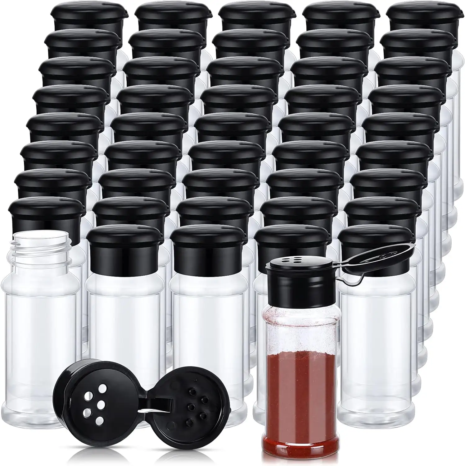 3OZ plastik baharat kavanoz 35g/60g PET şişeler siyah elek kapaklı baharat kavanoz seti baharat saklamak için Shaker kapaklar